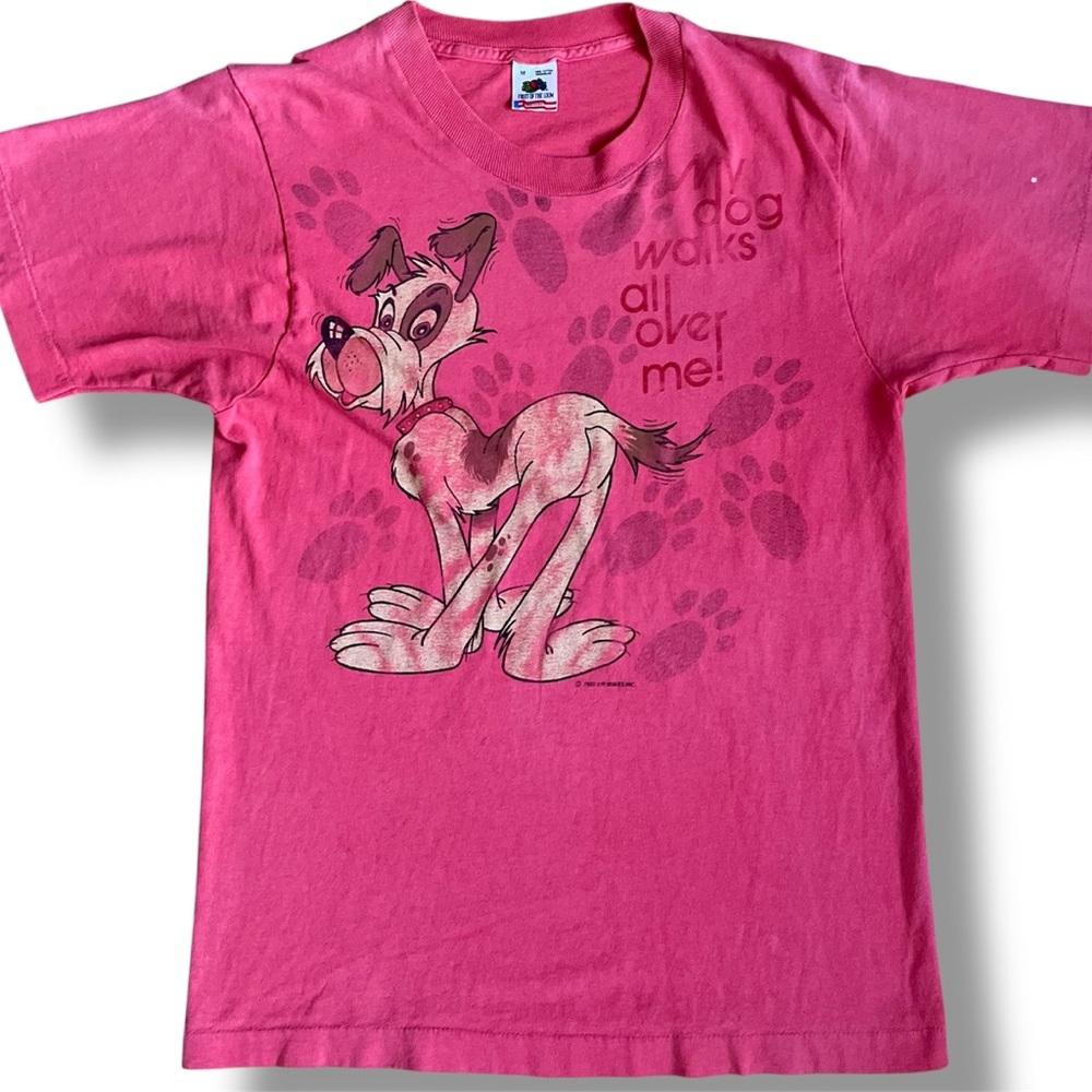 Vtg My Dog Walks All Over Me Single Stitch T-Shirt Sz Medium Pink‎ 1989 S/S FOTL